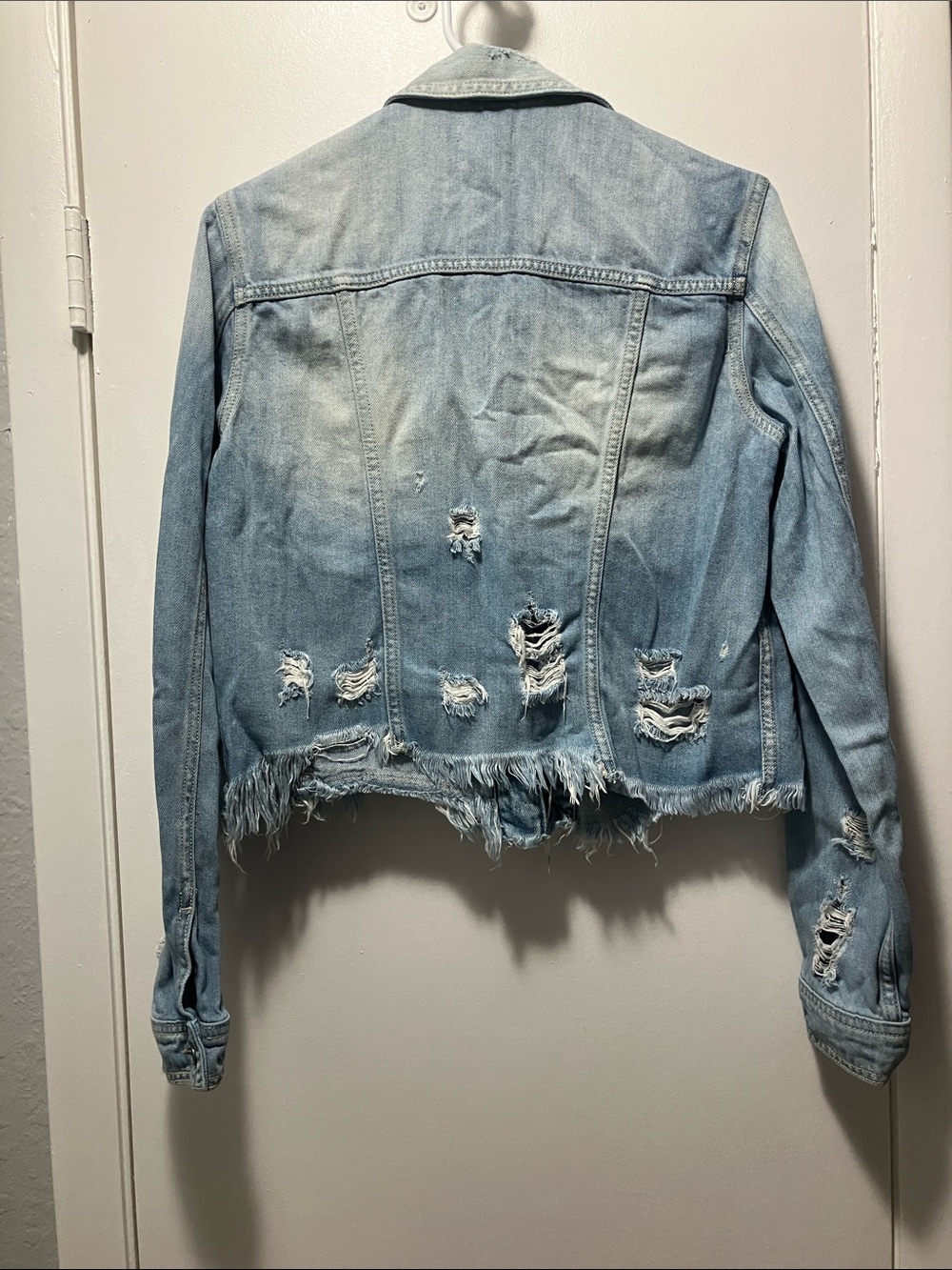 Light Blue Distressed Denim Jacket - Women - Picture 3 of 3